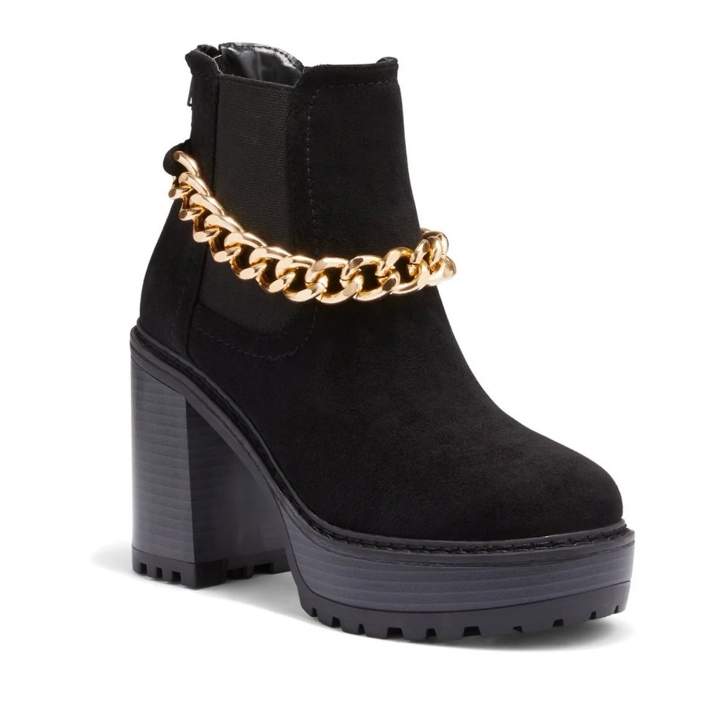 ✨ NY & Co Women's Black Suede Ankle Boots with Gold Chain ✨
